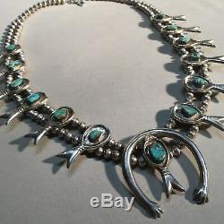 Vintage Navajo SOLID Sterling Silver Turquoise Squash Blossom Necklace 170g