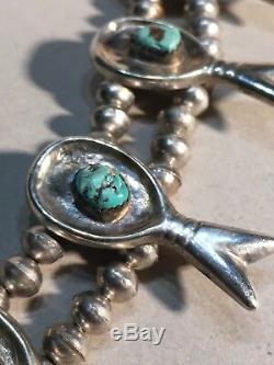 Vintage Navajo SOLID Sterling Silver Turquoise Squash Blossom Necklace 170g