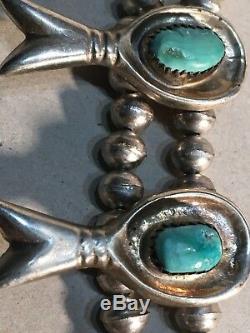 Vintage Navajo SOLID Sterling Silver Turquoise Squash Blossom Necklace 170g