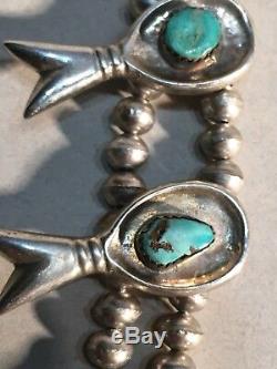 Vintage Navajo SOLID Sterling Silver Turquoise Squash Blossom Necklace 170g