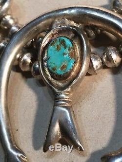 Vintage Navajo SOLID Sterling Silver Turquoise Squash Blossom Necklace 170g