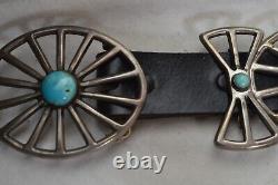 Vintage Navajo Sand Cast Sterling Silver Concho Belt Turquoise Stone Heavy 600 G