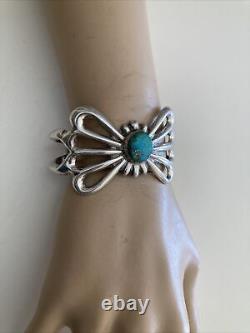 Vintage Navajo Sandcast Turquoise Sterling Silver Bracelet 6.25