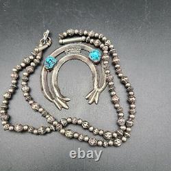 Vintage Navajo Seafoam Turquoise Antique Sterling Silver Hogan Beads Necklace