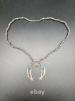 Vintage Navajo Seafoam Turquoise Antique Sterling Silver Hogan Beads Necklace
