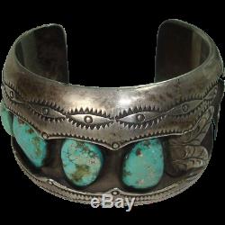 Vintage Navajo Shadowbox Bisbee Turquoise Heavy Sterling Turquoise Watch Cuff