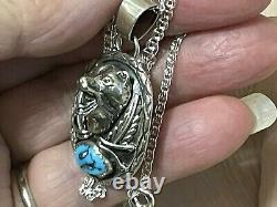 Vintage Navajo Signed 3Dimensional Sterling Silver Bear Turquoise Pendant Yazzie