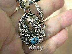 Vintage Navajo Signed 3Dimensional Sterling Silver Bear Turquoise Pendant Yazzie