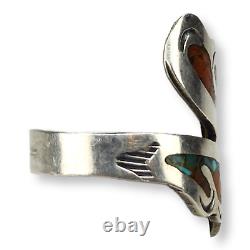 Vintage Navajo Signed Ahasteen Turquoise and Coral Chip Inlay Wrap Ring Size 7