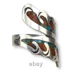 Vintage Navajo Signed Ahasteen Turquoise and Coral Chip Inlay Wrap Ring Size 7