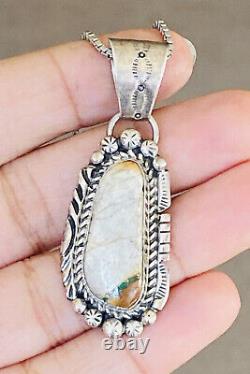 Vintage Navajo Signed Boulder Turquoise Sterling Silver Stamped Pendant Necklace