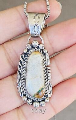 Vintage Navajo Signed Boulder Turquoise Sterling Silver Stamped Pendant Necklace