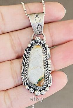 Vintage Navajo Signed Boulder Turquoise Sterling Silver Stamped Pendant Necklace