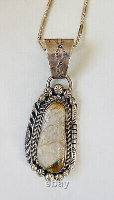 Vintage Navajo Signed Boulder Turquoise Sterling Silver Stamped Pendant Necklace
