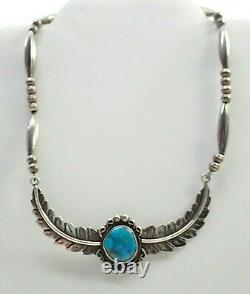 Vintage Navajo Signed CT Turquoise Feather Bench Bead Sterling Choker Necklace