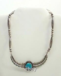 Vintage Navajo Signed CT Turquoise Feather Bench Bead Sterling Choker Necklace