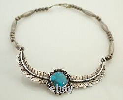 Vintage Navajo Signed CT Turquoise Feather Bench Bead Sterling Choker Necklace