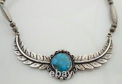 Vintage Navajo Signed CT Turquoise Feather Bench Bead Sterling Choker Necklace