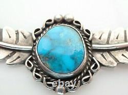 Vintage Navajo Signed CT Turquoise Feather Bench Bead Sterling Choker Necklace