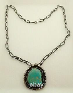 Vintage Navajo Signed JD Carico Lake Turquoise Sterling Silver Pendant Necklace