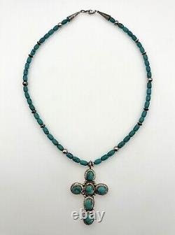 Vintage Navajo Signed JJ Turquoise & Sterling Cross Pendant Necklace