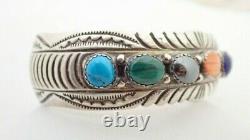 Vintage Navajo Signed RB WB Multi Stone Turquoise Spiny Sterling Cuff Bracelet