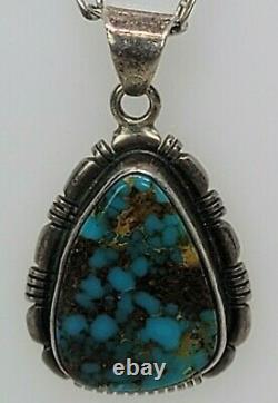 Vintage Navajo Signed RCC Turquoise Pendant Sterling Silver 925 Chain Necklace