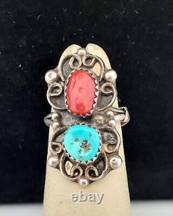 Vintage Navajo, Signed RN Sterling Silver Turquoise & Coral Ring Size 4.75