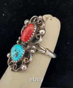 Vintage Navajo, Signed RN Sterling Silver Turquoise & Coral Ring Size 4.75