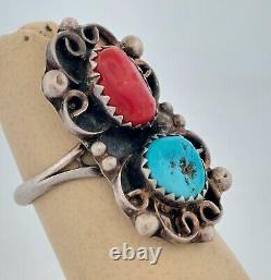 Vintage Navajo, Signed RN Sterling Silver Turquoise & Coral Ring Size 4.75