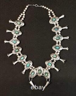 Vintage Navajo Signed Squash Blossom Sterling Silver Turquoise Necklace 20