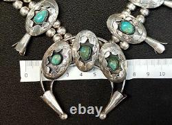 Vintage Navajo Signed Squash Blossom Sterling Silver Turquoise Necklace 20