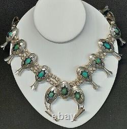 Vintage Navajo Signed Squash Blossom Sterling Silver Turquoise Necklace 20