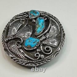 Vintage Navajo Signed Sterling Turquoise Belt Buckle