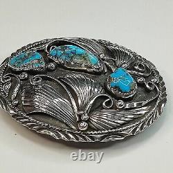 Vintage Navajo Signed Sterling Turquoise Belt Buckle