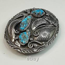 Vintage Navajo Signed Sterling Turquoise Belt Buckle