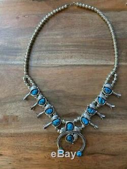 Vintage Navajo Signed Sterling Turquoise Squash Blossom Necklace
