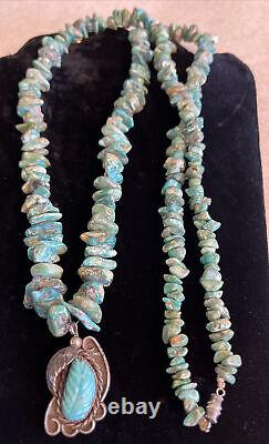 Vintage Navajo Signed TT sterling on turquoise necklace 18 Long 4.5 Oz