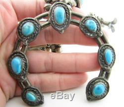 Vintage Navajo Signed Turquoise Sterling Bench Bead Squash Blossom Necklace