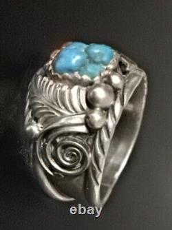 Vintage Navajo Signed W. Denet Dale Hefty Turquoise Sterling Silver Ring Size 9