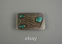 Vintage Navajo Silver Belt Buckle 3 Turquoise Stones Unique Water Symbols