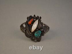 Vintage Navajo Silver Bracelet Turquoise Coral Shell Elaborate Applique 6