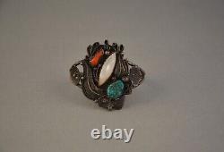 Vintage Navajo Silver Bracelet Turquoise Coral Shell Elaborate Applique 6