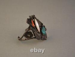 Vintage Navajo Silver Bracelet Turquoise Coral Shell Elaborate Applique 6