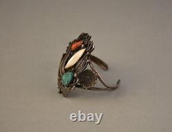 Vintage Navajo Silver Bracelet Turquoise Coral Shell Elaborate Applique 6