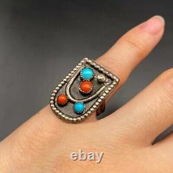 Vintage Navajo Silver Coral Turquoise Coral Ring Size 3.75