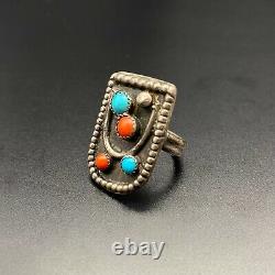 Vintage Navajo Silver Coral Turquoise Coral Ring Size 3.75