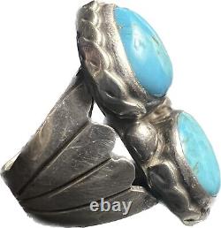 Vintage Navajo Silver & Double Turquoise Gem Stone Southwest Ring Size z 10