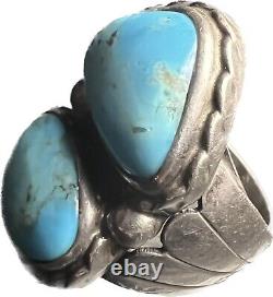 Vintage Navajo Silver & Double Turquoise Gem Stone Southwest Ring Size z 10