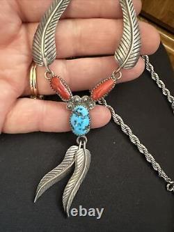 Vintage Navajo Silver Feather Coral Turquoise 20 Inch Necklace
